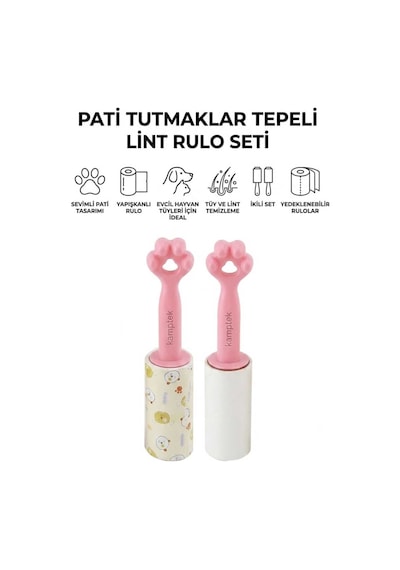 Kamptek Patili Kedi Köpek Tüy Toplama Rulosu - Yüksek Yapışkanlı Evcil Hayvan Tüy Temizleyici Roller + Kolay Soyulabilir Yapraklar 120 Yaprak 2 Adet