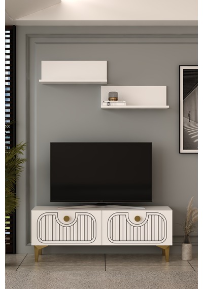 120dhdtür3ba 120 Cm Hera Lazer Desenli Raflı Tv Sehpası,ünitesi Beyaz - Altın