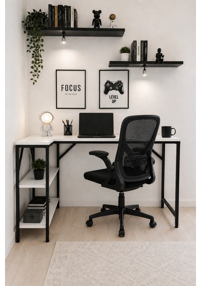 Beyaz/siyah L Masa, Kitaplıklı, Raflı, 120 Cm Çalışma Masası, Bilgisayar, Pc, Oyuncu, Gaming Masası Metal Ayaklı