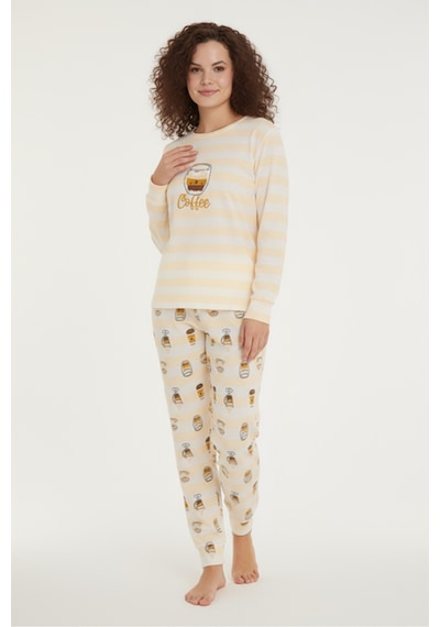 Luxury Thermal Coffee Desenli Kadın Polar Kışlık Pijama Takımı 42009 Sarı