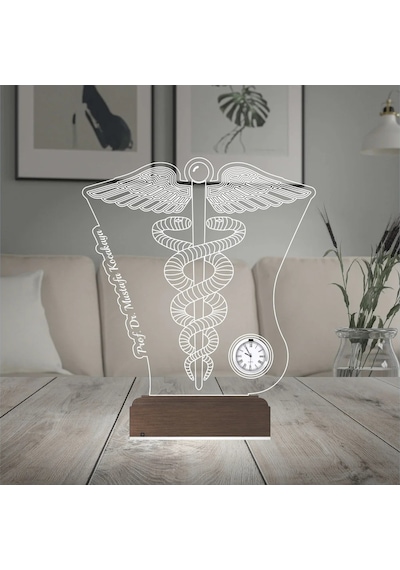 Luvivia Doktor Hediye Tıp Logo Tasarım Kişiye Özel Metal Saatli 3d Lamba - Masa Gece Lambası