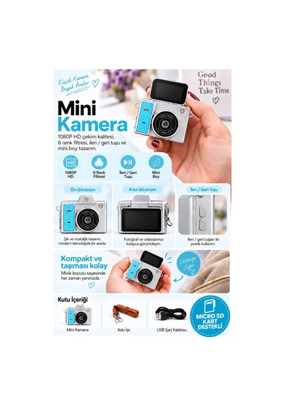 Mimtec Blm-109 Retro Mini Dijital Kamera 1080p Hd Katlanabilir Ekran Flaşlı Selfie Vlog Video Kamerası Mavi