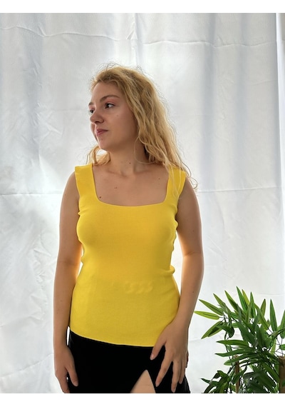 Simli Moda Kare Yaka Sarı Triko Bluz - Kadın Sarı