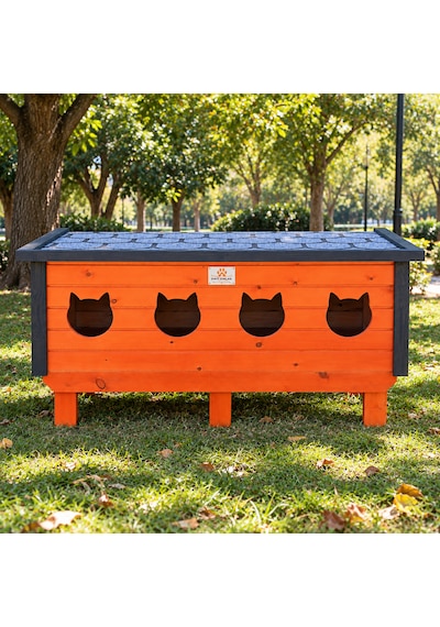 4 Yuvalı Ahşap Yatay Kedi Evi Dış Ortam