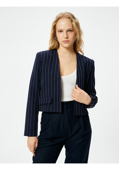 Koton Blazer Ceket Kapaklı Cepli Standart Kesim Lacivert Çizgili 4sak50047uw Lacivert