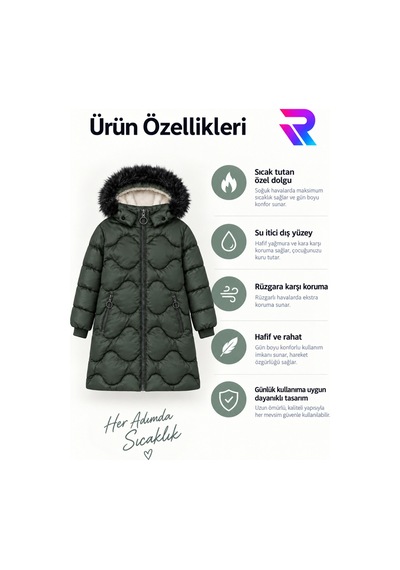 Regos Kız Çocuk Çıkarılabilir Kapüşonlu Kürklü Uzun Kapitone Şişme Kışlık Mont - Haki Haki