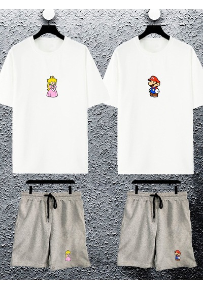 Unisex Kadın Erkek Süper Mario Ve Prenses Baskılı Sevgili Çift Kombini Tasarım Oversize Tshirt Şort Beyaz Gri Mck2354 Beyaz Gri