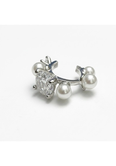 Earcuff Sıkıştırmalı Pirinç Kıkırdak Küpe İncili Taşlı Gümüş Renk Çelik