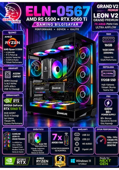Gameline ELN-0567 R5-5500 512 GB 16 GB SSD 8 GB RTX5060 Ti Dos Masaüstü Oyuncu Bilgisayar