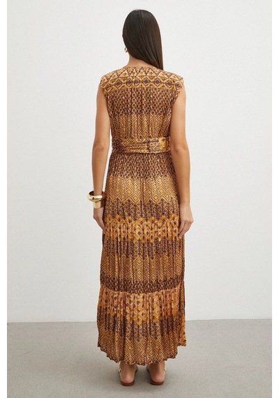 Uterpe Hardal Sarısı Pliseli Desenli Uzun Elbise