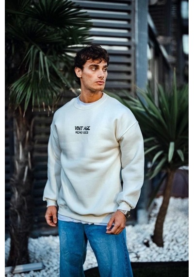 Yake Store Oversize Bisiklet Yaka Üç İplik Baskılı Sweatshirt - Beyaz - Beyaz