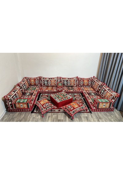 Coton Şark Köşesi Milas Desenli Minder Takımı Kırmızı 18 Parça