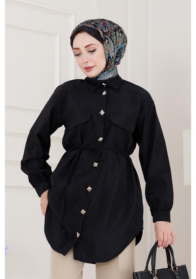 Sevitli Cep Kapaklı Beli Bağcıklı Tunik-siyah-5149 Siyah