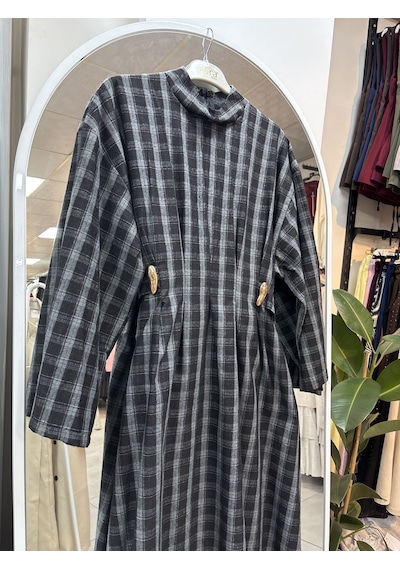Nirva Butik Kadın Ekose Desenli Belden Oturtmalı Elbise Gri - Siyah
