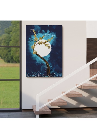Altın Çiçekli Ağaç Ve Ve Ay Kanva Tablo, Soyut Çağdaş Sanat Örneği-4971 50 X 70