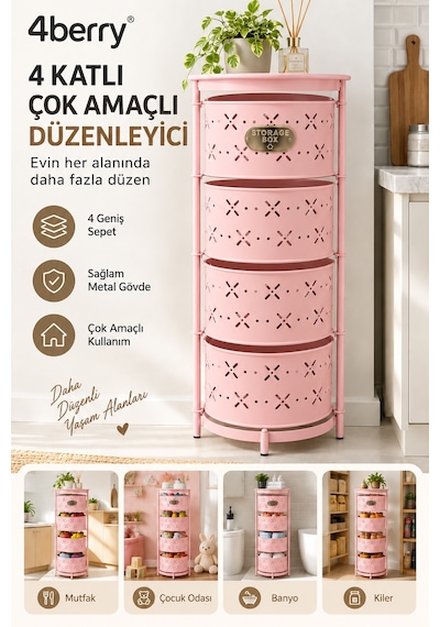 4 Katlı Metal Çok Amaçlı Oyuncak Dolabı Mutfak Sebzelik, Oyuncak, Banyo Ve Ev Organizeri Pembe 4 Katlı Metal Çok Amaçlı Oyuncak Dolabı Mutfak Sebzelik, Oyuncak, Banyo Ve Ev Organizeri Pembe