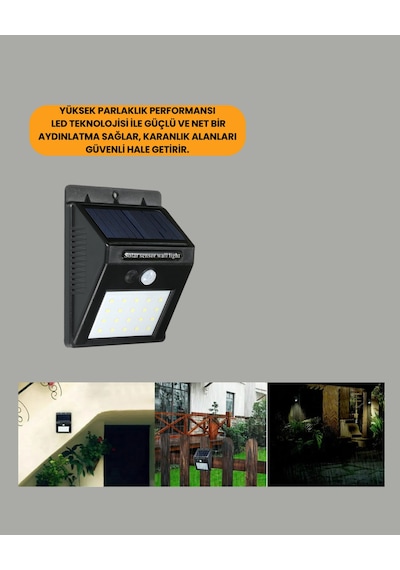 Sensörlü 20 Led Solar Duvar Lambası 3 Metre Algılama Mesafesi Siyah
