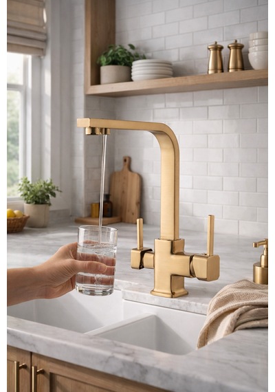 Rena Design Mat Gold Aritmali Mutfak Eviye Bataryasi 3 Yollu Kare Mutfak Musluk Prinç Garantili Altin Armatür