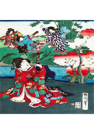 Japon Sanatı Kadınları Doğal Taş Bardak Altlığı 4'lü Set Taş Çok Renkli