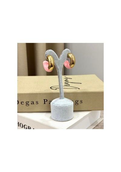 Gold Ve Pembe Mineli Yarım Halka Küpe - Modern Tasarım Pembe