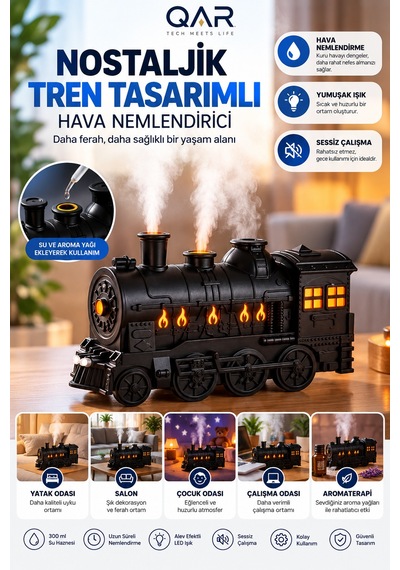 Siyah Tren Tasarımlı Hava Nemlendirici Dekoratif Masa Üstü Ortam Nemlendirici Kumandasız