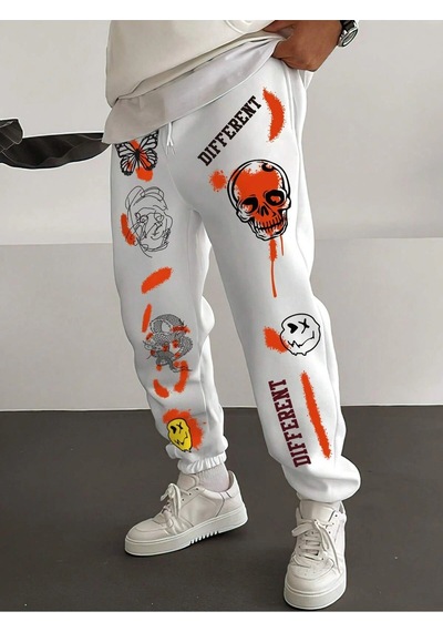 Skull Letter Graphic Drawstring Waist Eşofman Altı Beyaz