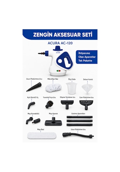 Acura AC-120 1050 W Moplu Buharlı Temizleyici + Mikrofiber Bez