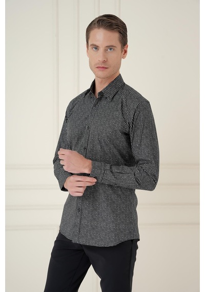 Efor Slim Fit Baskılı %100 Pamuk Spor Siyah Gömlek G 1587 Siyah