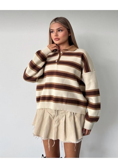 Kadın Çizgili Polo Yaka Oversize Triko Kazak Kahverengi