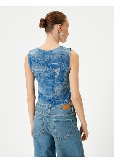 Koton Denim Görünümlü Üst Crop Büzgülü Bisiklet Yaka Mavi Desenli 4sak10354ek Mavi