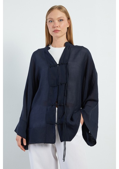 Fullamoda Geniş Kol Oversize Transparan Kimono Lacivert