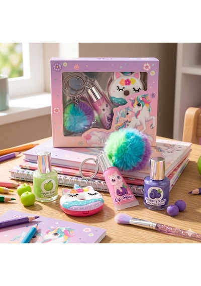 Unicorn Lip Gloss Seti Anahtarlıklı Kız Çocuk Dudak Parlatıcı Seti 0