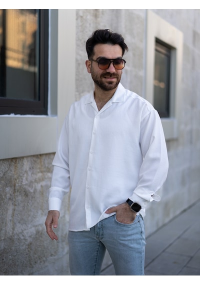 Erkek Keten Görünümlü Uzun Kol Gömlek Beyaz Beyaz