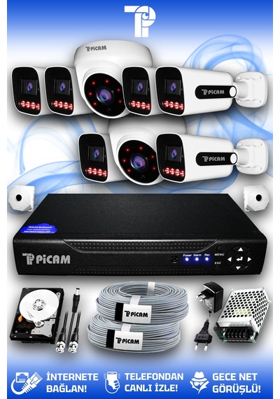 Picam 8 Kameralı Zebra 2 İç Kamera Set 1 Tb 5 Mp 2k Net Gece Görüşlü Güvenlik Kamerası Sistemi