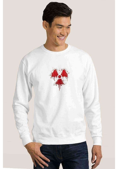 Nükleer Baskılı Beyaz Erkek Örme Sweatshirt