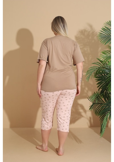 Eyfuze Kadın Curve Büyük Beden Milan Kumaş Kapri Kısa Kollu Pijama Takımı Kahverengi
