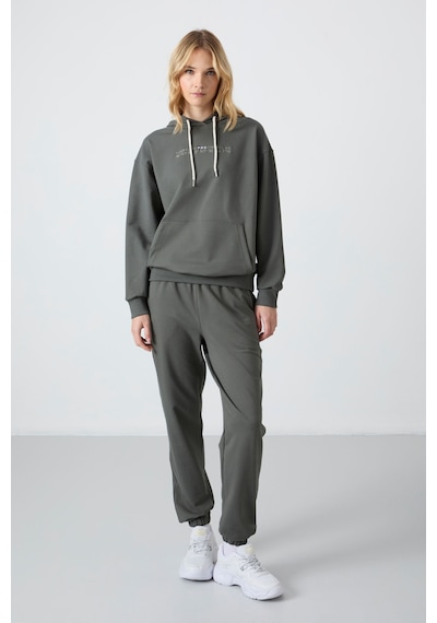 Tommy Life Çağla Kapüşonlu Kanguru Cep Oversize Lastik Paça Kadın Eşofman Takımı - 95288 Çağla