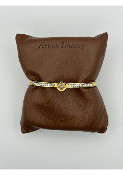 Arnes Jewelry Çelik Gold Zirkon Taşlı Kelepçe Bileklik Ar15 Gold