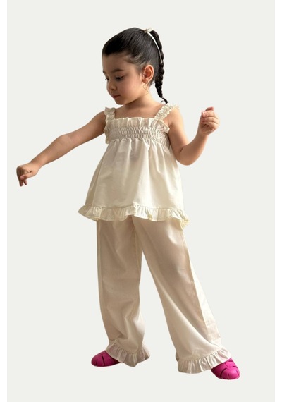 Boyboy Kidswear Kız Çocuk Fırfır Detaylı Askılı Bluz Ve Pantolon Takım Ekru