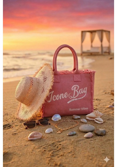 İcone Bag Icone Yıkamalı Denim Püskül Detaylı Şık Günlük & Plaj Çantası, Püsküllü Omuz Çantası Pembe