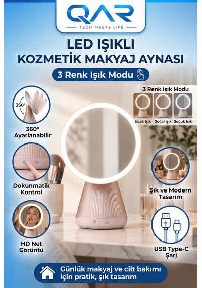 Şarjlı Yuvarlak Led Makyaj Aynası Dokunmatik 3 Renk Işıklı 360 Ayarlanabilir Masa Aynası Çok Renkli