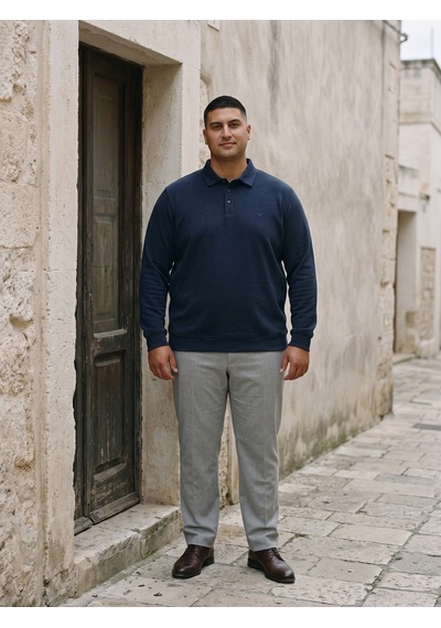 Maccali Erkek Lacivert Büyük Beden Polo Yaka Battal Sweatshirt