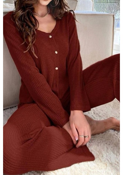 Bella Notte V Yaka Pamuklu Bordo Düğmeli Uzun Pijama Takımı