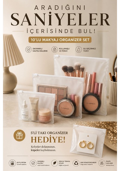 10 Lu Makyaj Organizer Seti+ 5 Li Takı Organizer Hediye Şeffaf