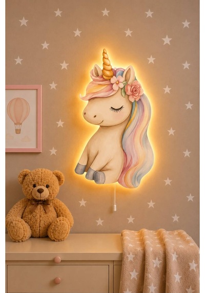 Ahşap Unicorn Duvar Lambası Pilli Led Gece Lambası Bebek Çocuk Odası-25 Yıldız Sticker Hediyeli Çok Renkli