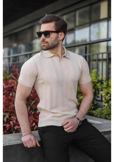 Madmext Taş Rengi Slim Fit Polo Yaka Triko Erkek Tişört E7491