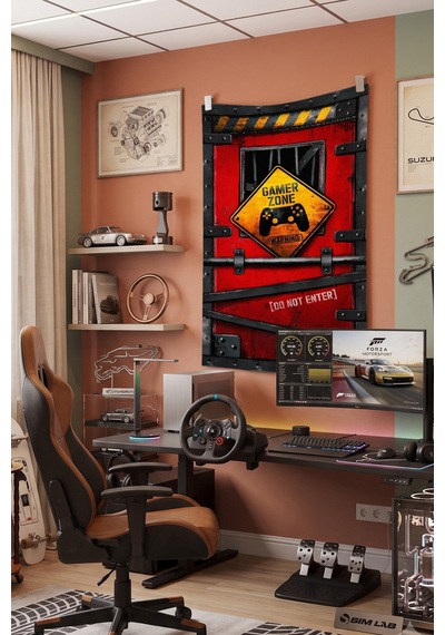 Gamer Zone Uyarı Levhası Duvar Örtüsü, Endüstriyel Tarz Oda Dekoru, Baskılı Kumaş Duvar Halısı Beyaz