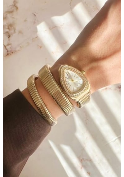 Kora Taşlı Gri Kadran Gold Kordon Yılan Model Kadın Kol Saati Altın