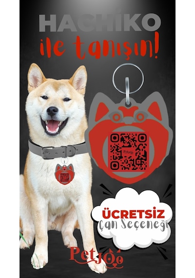 Petjoo 19.Hachiko Kırmızı-Gri Qr'lı Köpek Künyesi
