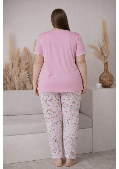 Pemilo Kadın Büyük Beden 2005-4 Kısa Kol Likralı Pijama Takımı Pembe